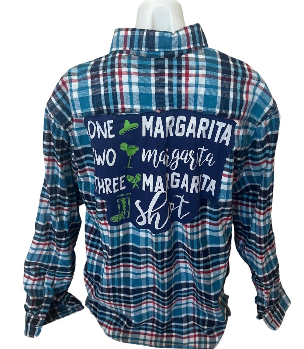 Margarita Drinking Plaid Flannel Shirt XL Oversized Parrothead Unique Upcycled